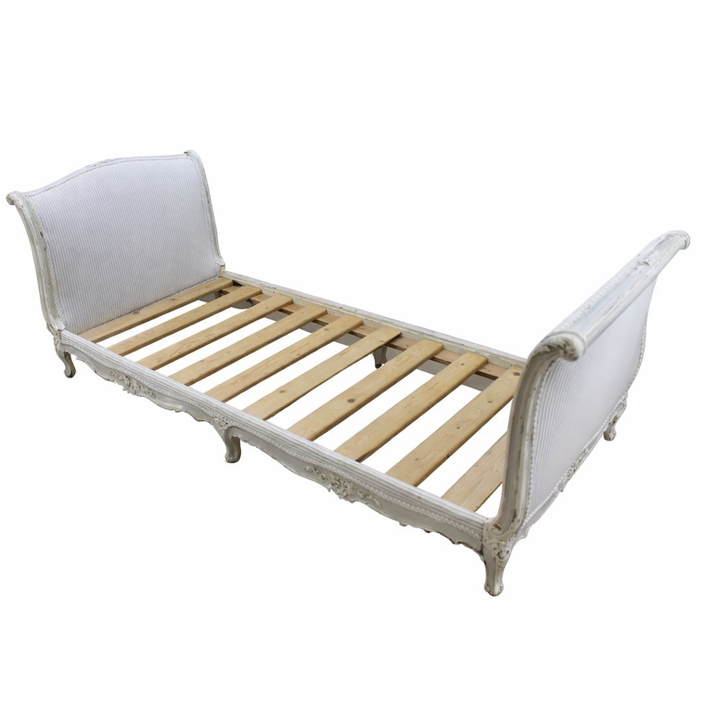 antique French daybed with grey ticking stripe