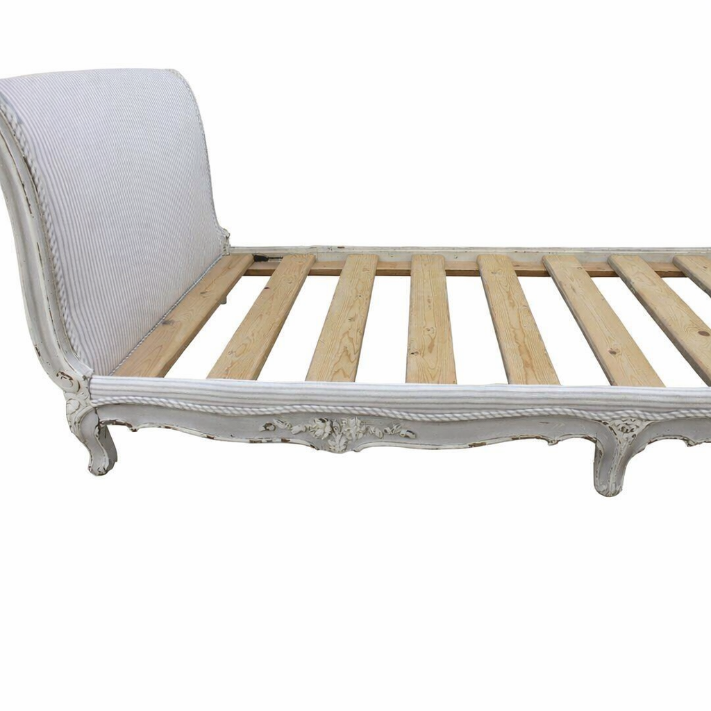 antique French daybed with grey ticking stripe