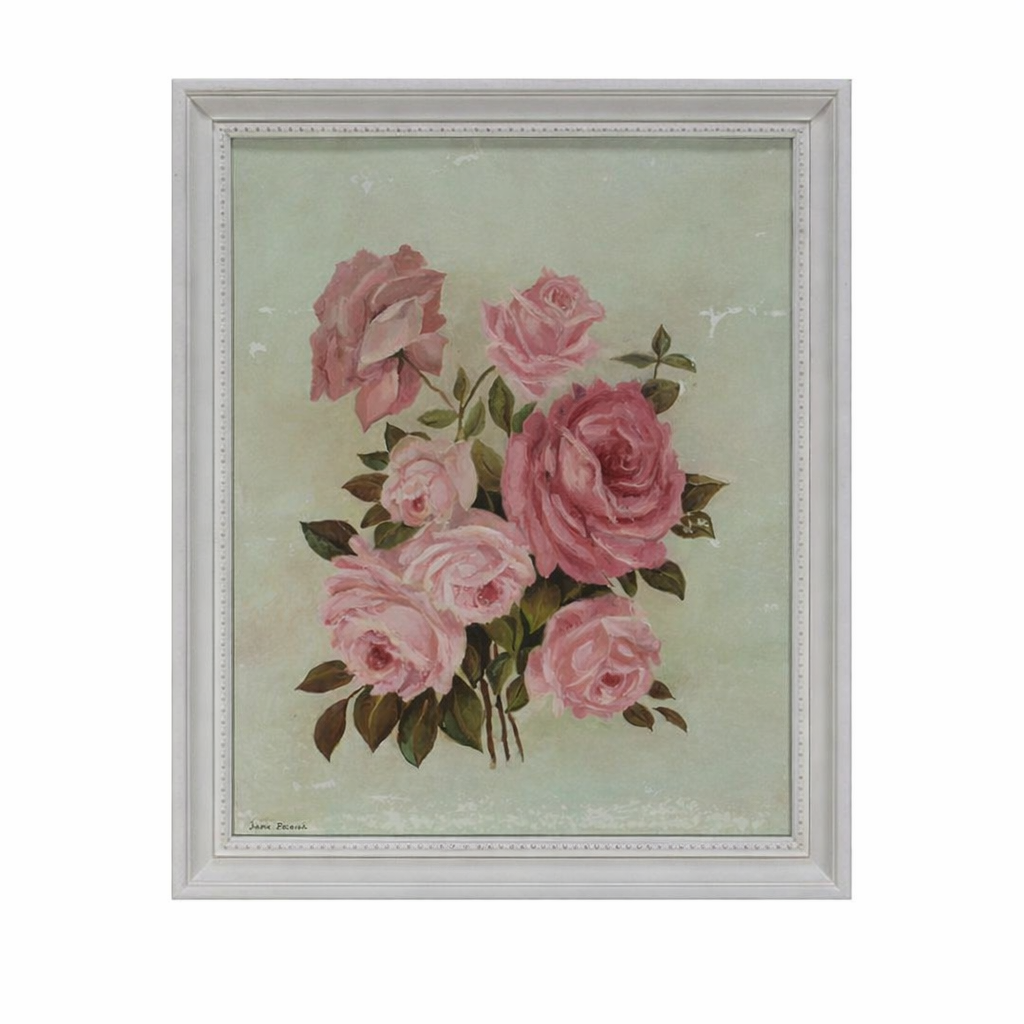 painting with pink roses and green background