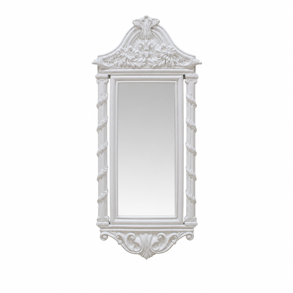 white mirror with fleur de lis detail