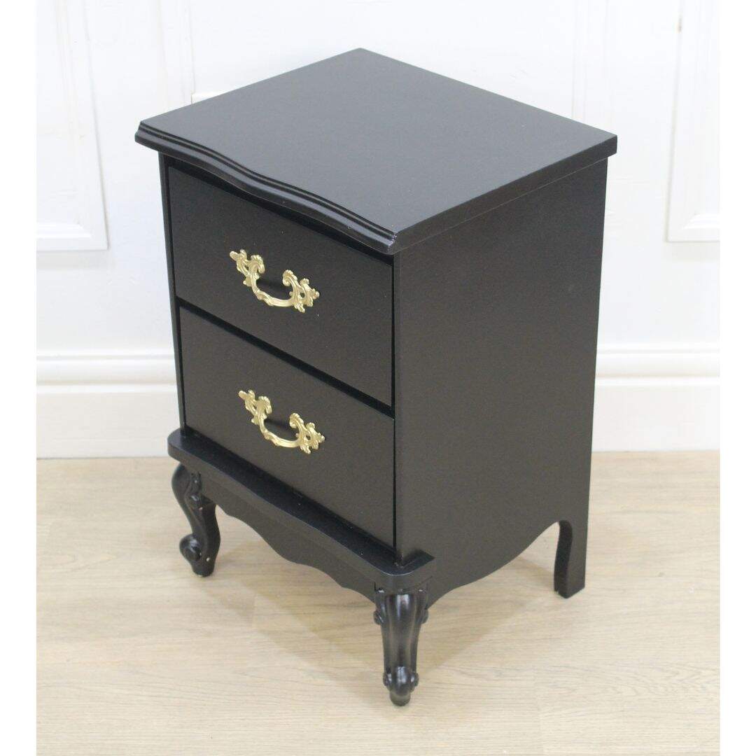 Black French provincial 2 drawer night table