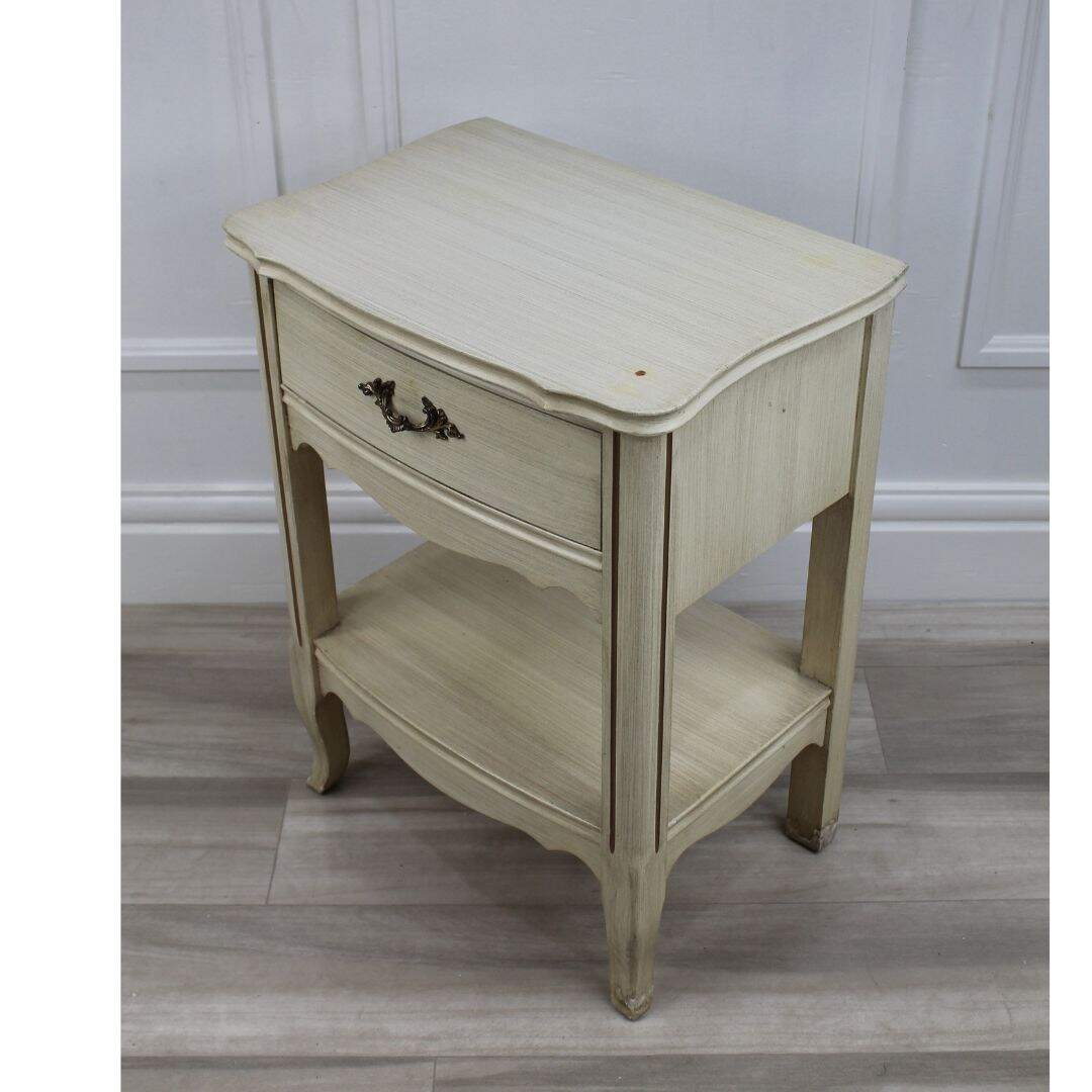 French provincial night table with drawer and shelf, unpainted
