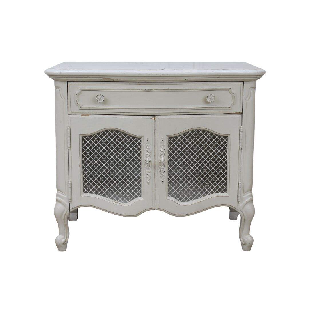 French provincial night table with mesh doors, unpainted