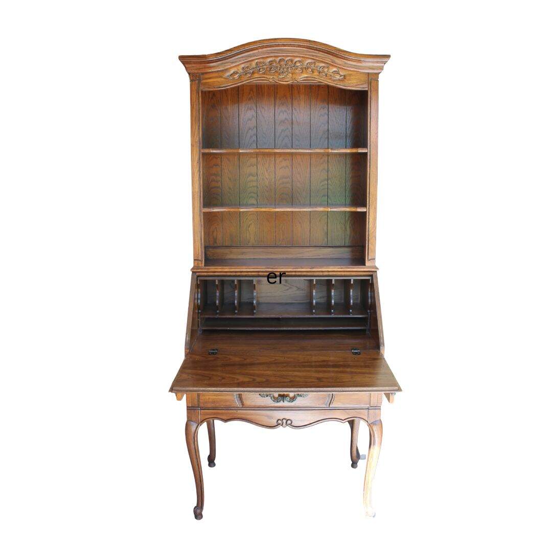 French provincial oak secretary desk with shelving