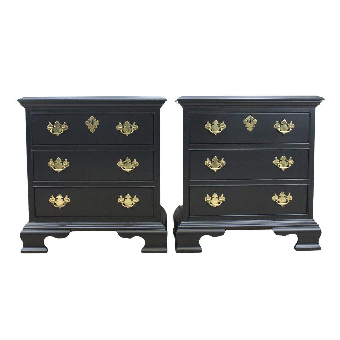 Pair of black 3 drawer nightstands with gold hardware