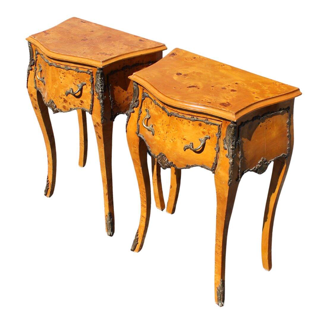 Pair French style burled walnut nightstands with ormulu