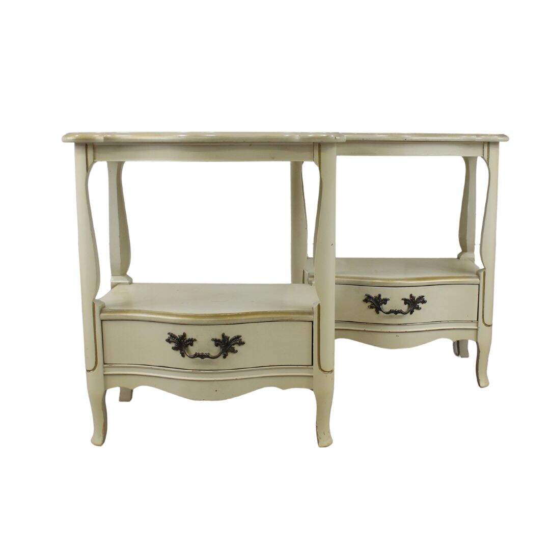 Pair of French provincial night tables with open space and drawer, unpainted