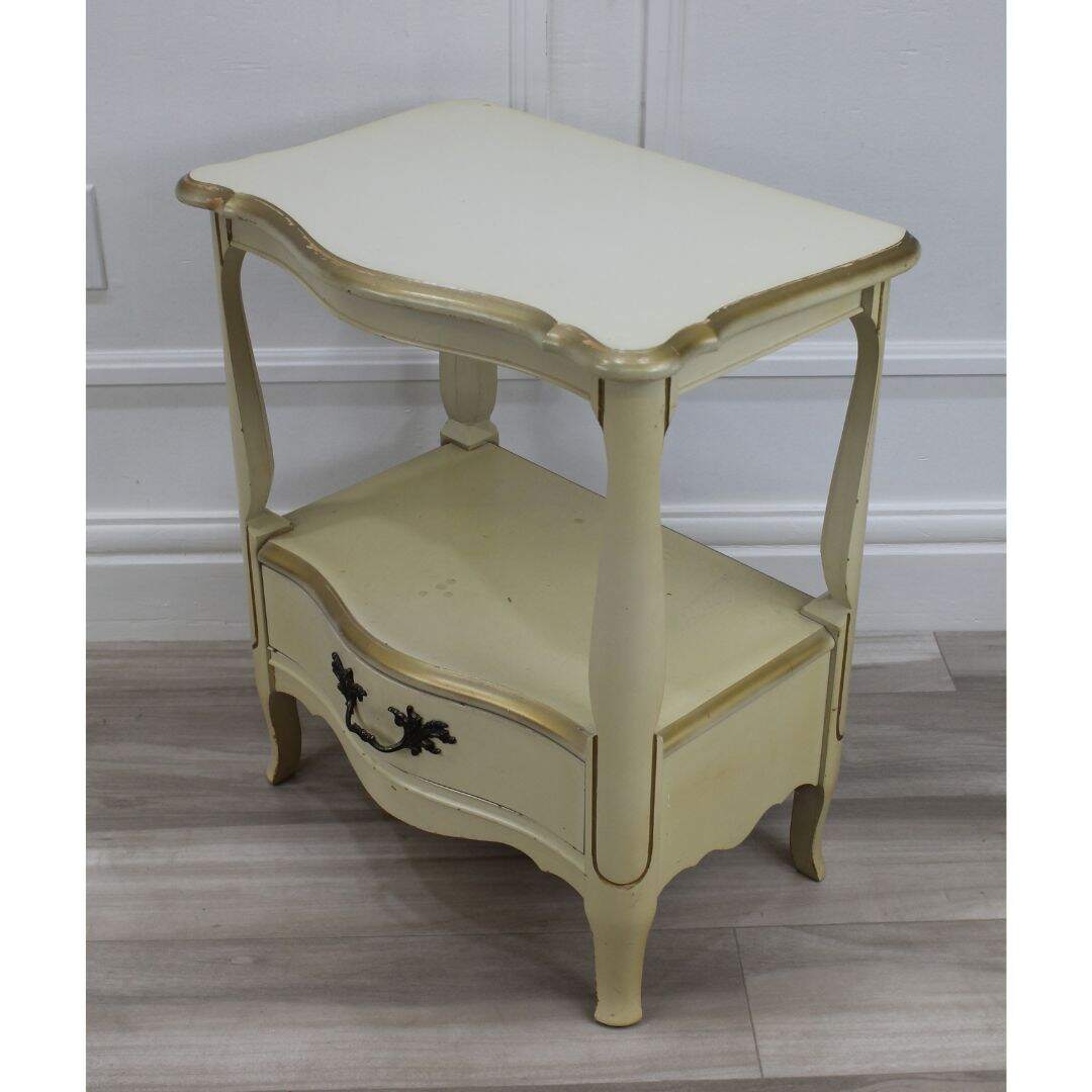 Pair of French provincial night tables with open space and drawer, unpainted
