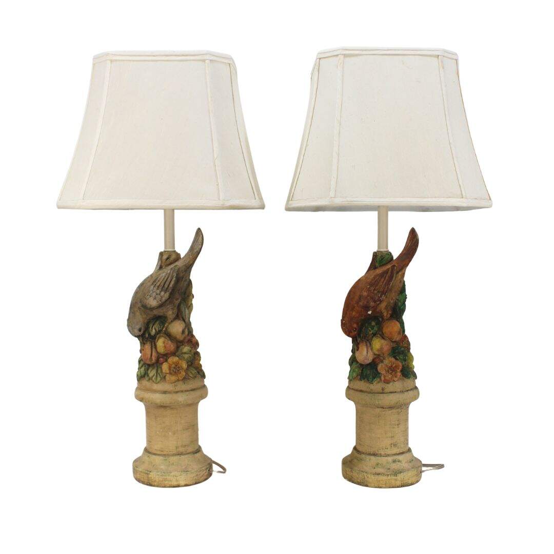Pair antique plaster bird lamps