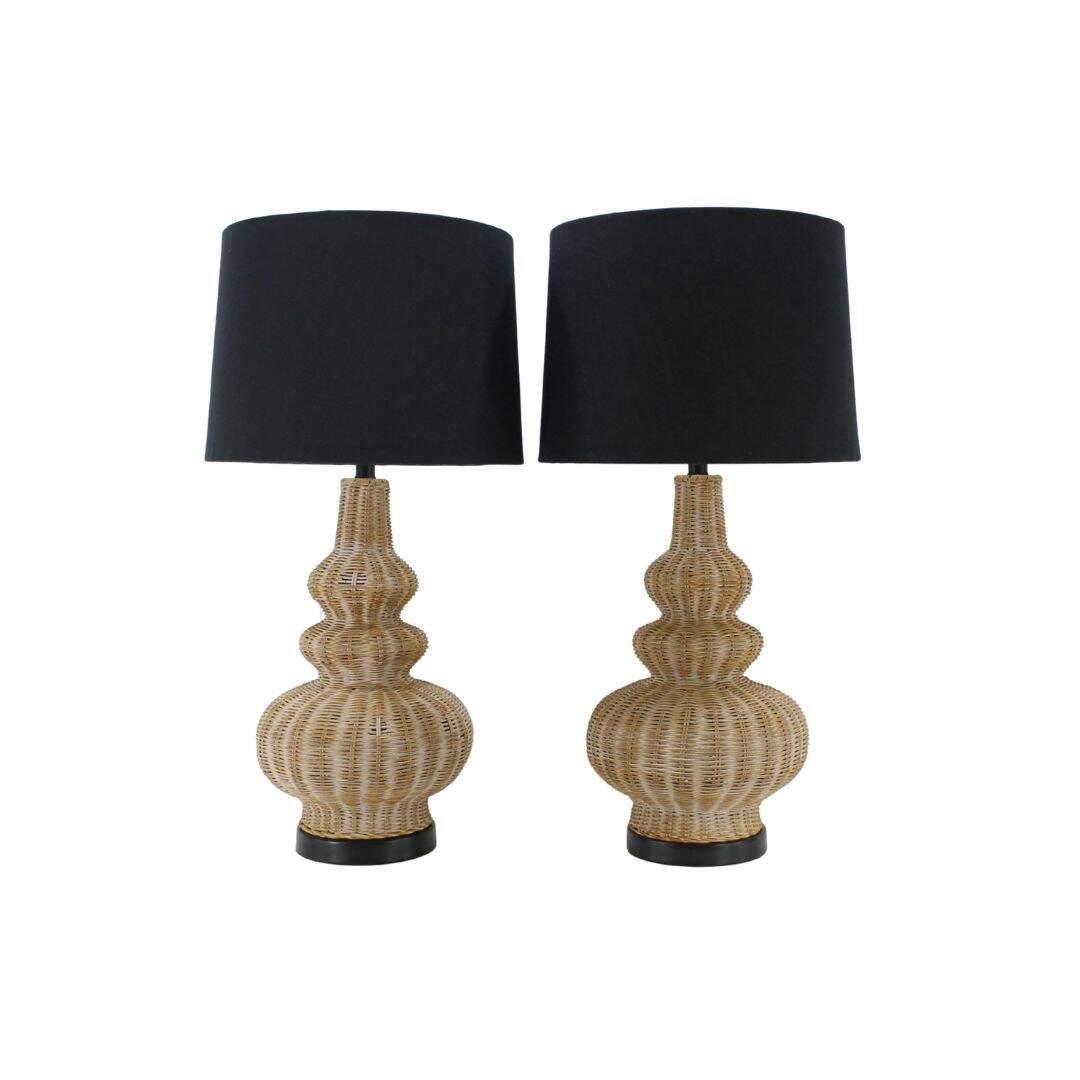 Pair of wicker table lamps with black linen shades