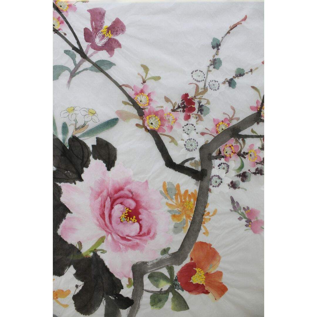 Framed Asian style floral water colour painting