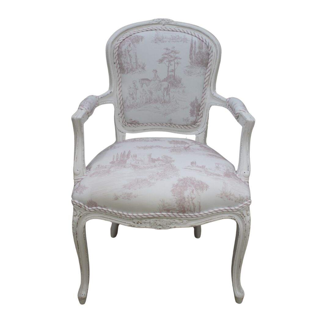 bergere chair with pink and white toile