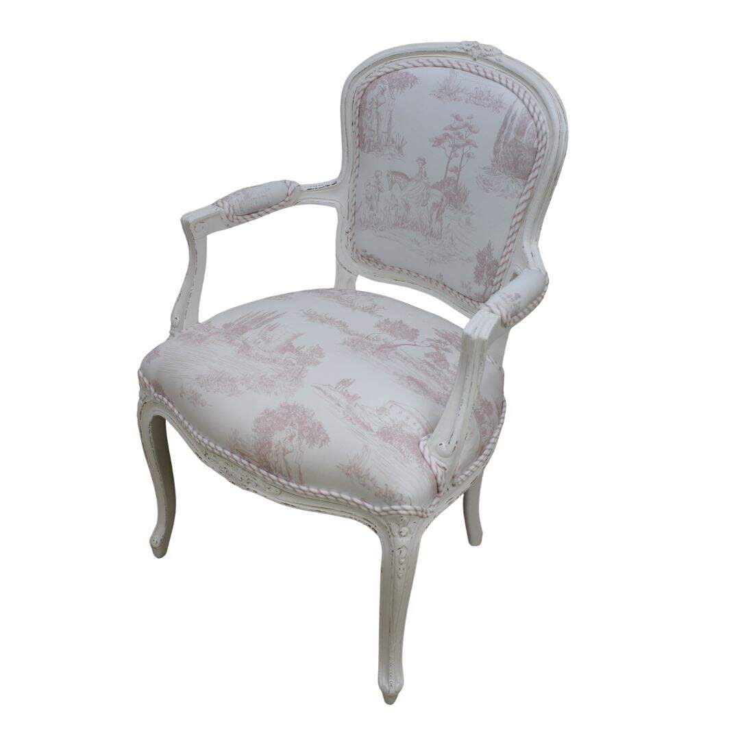 bergere chair with pink and white toile