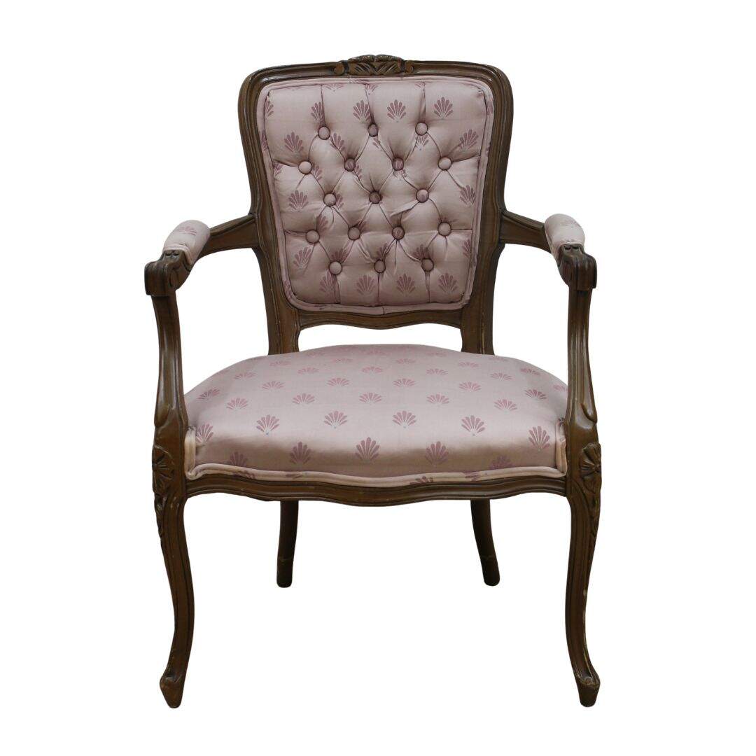 bergere chair with pink fabric, unfinished