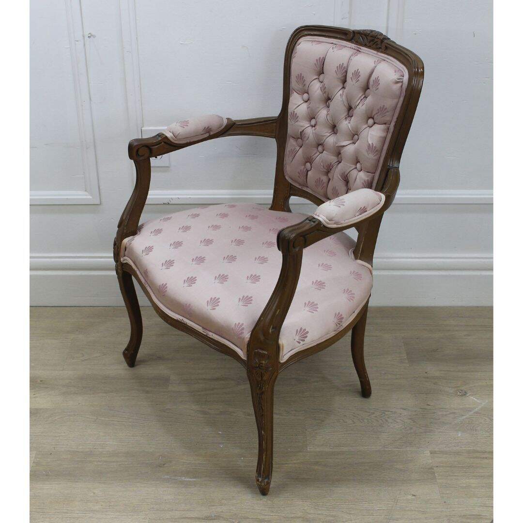 bergere chair with pink fabric, unfinished