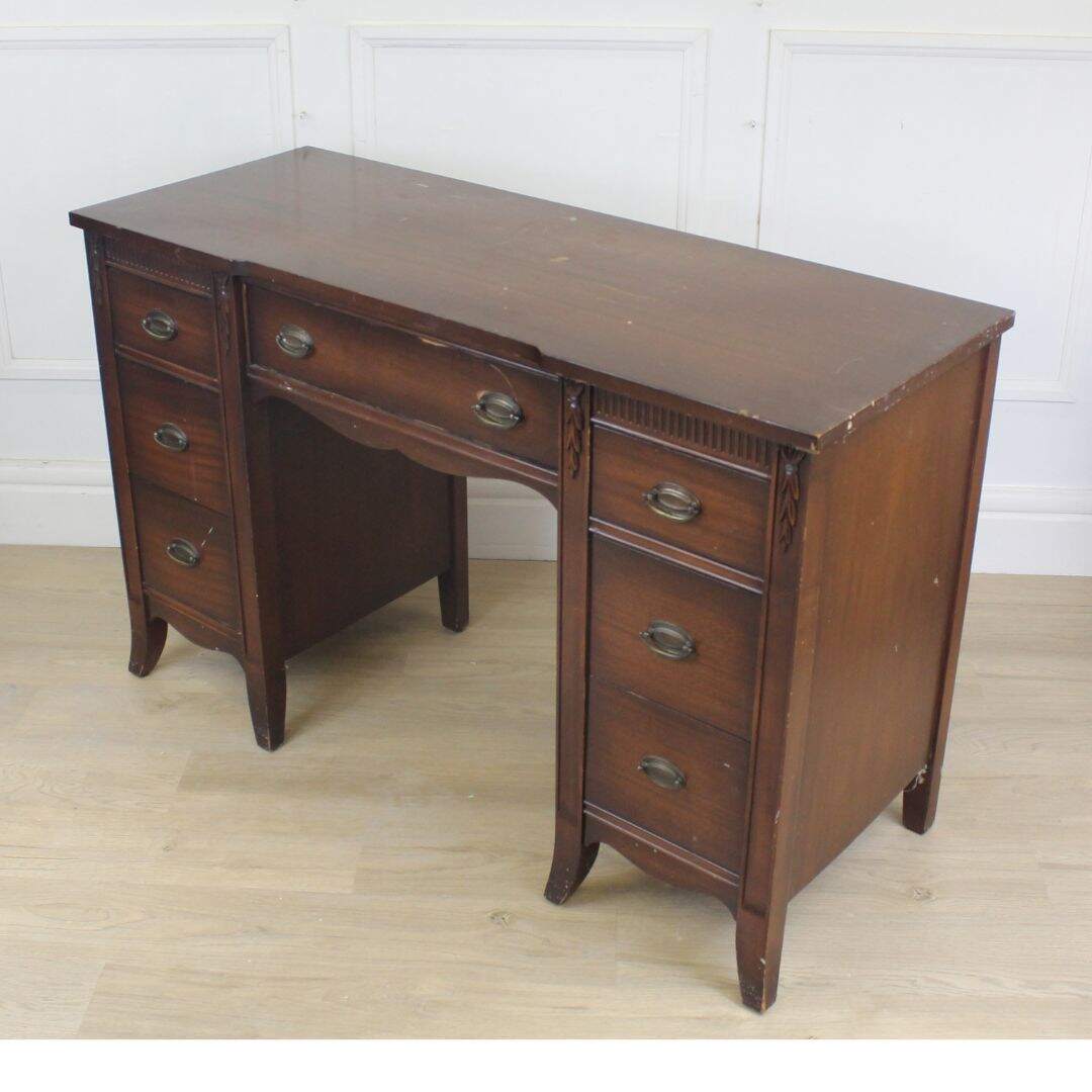 7 drawer desk with mahogany veneer, unpainted