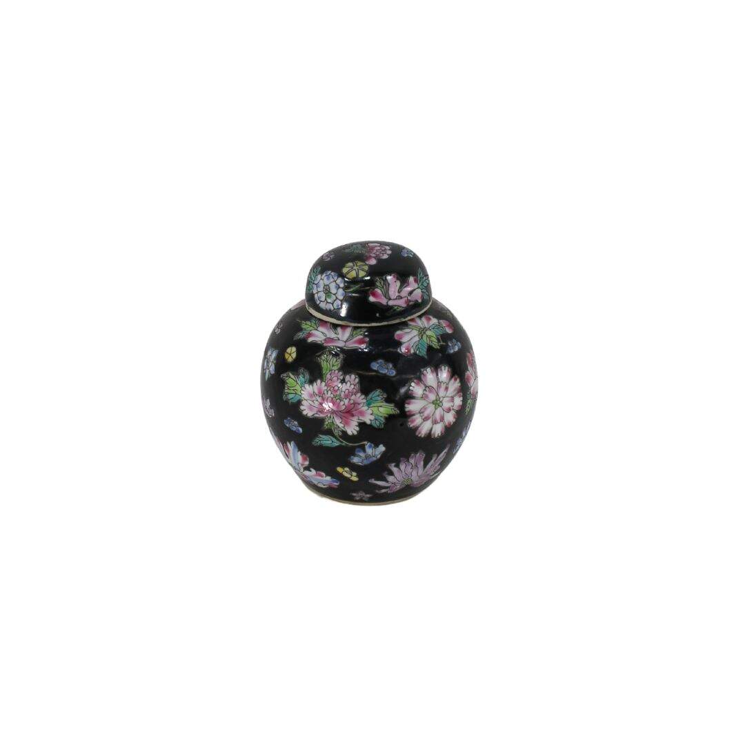 Extra small black adn floral ginger jar