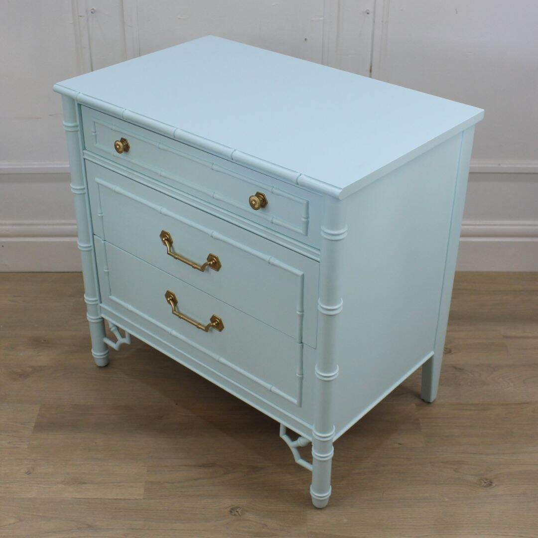 faux bamboo 3 drawer chest, blue