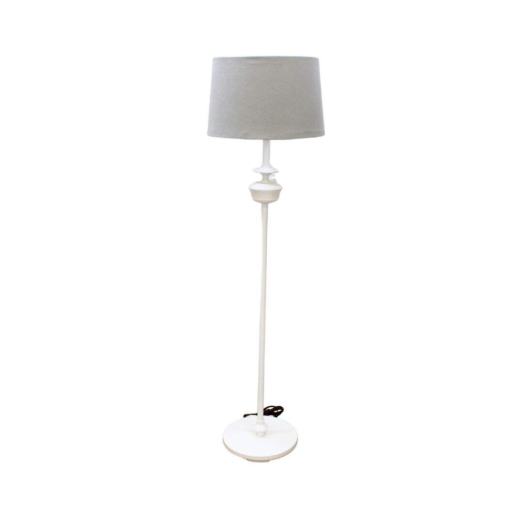 White metal floor lamp with grey linen shade