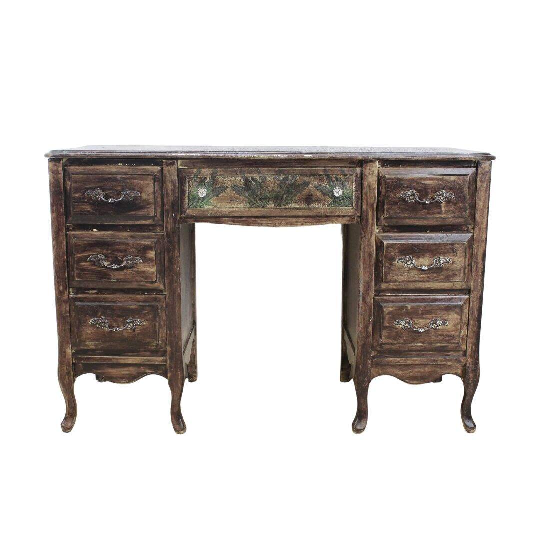 French provincial 7 drawer desk, unfinished