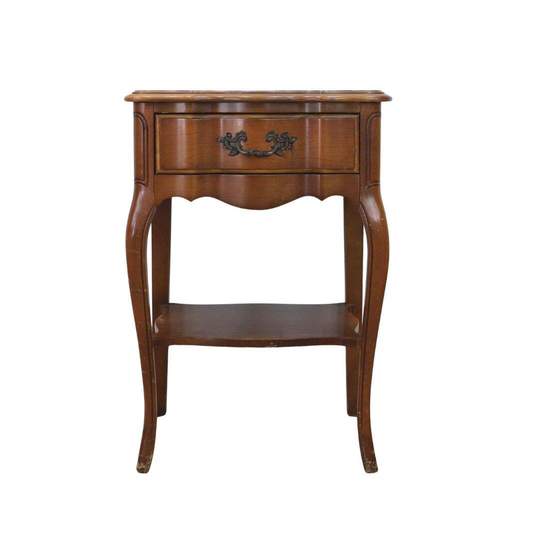 French provincial nightstand with drawer and shelf, unpainted