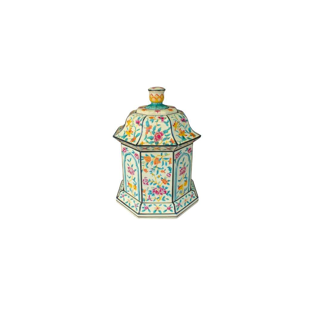 Hexagon shaped hand painted lidded box