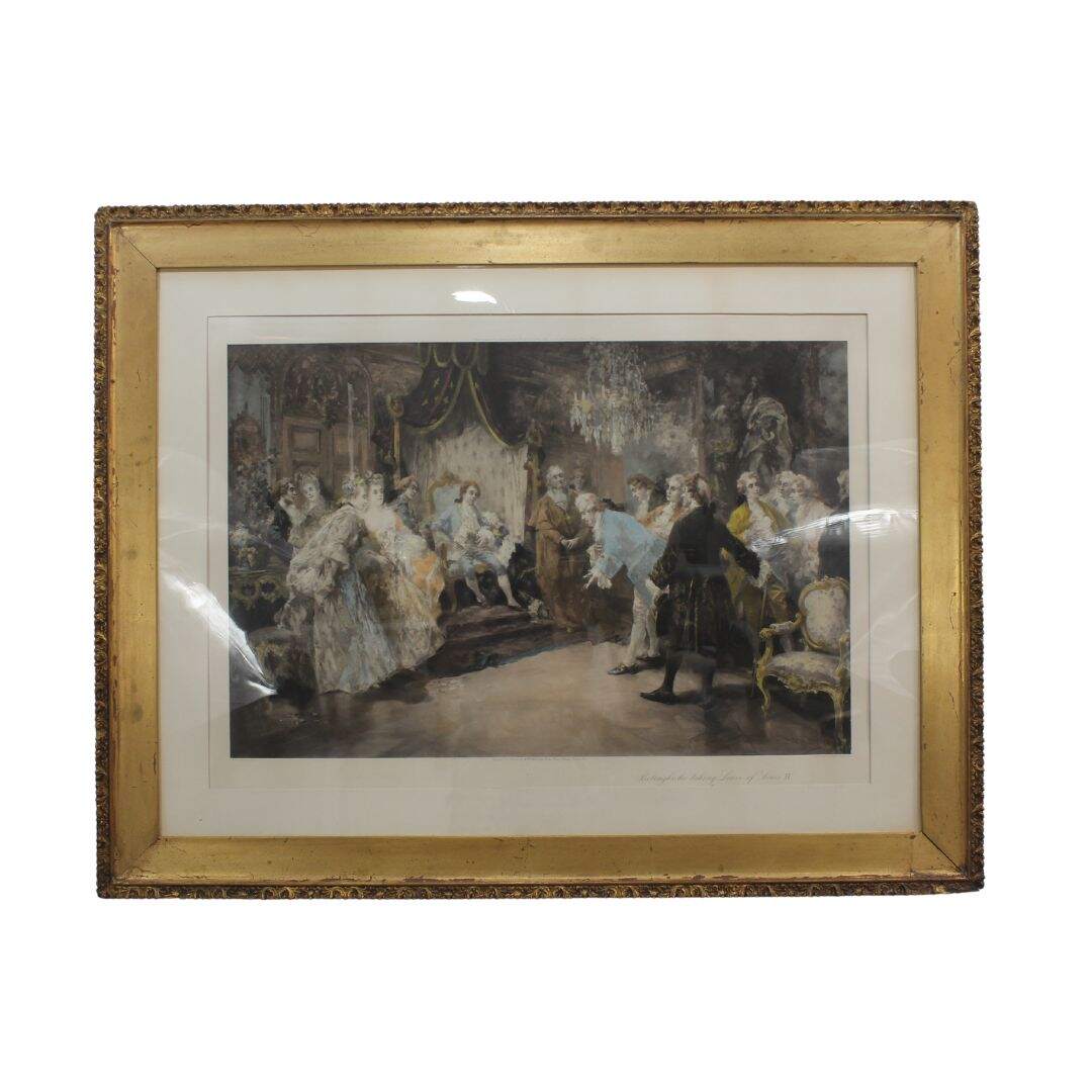 framed print of a French court scene in gold leaf frame