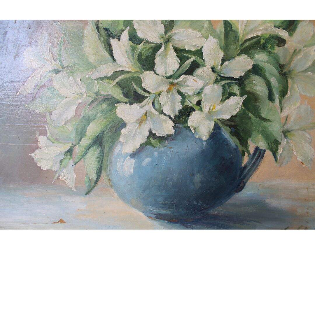 Vintage oil painting of trilliums in a blue bowl