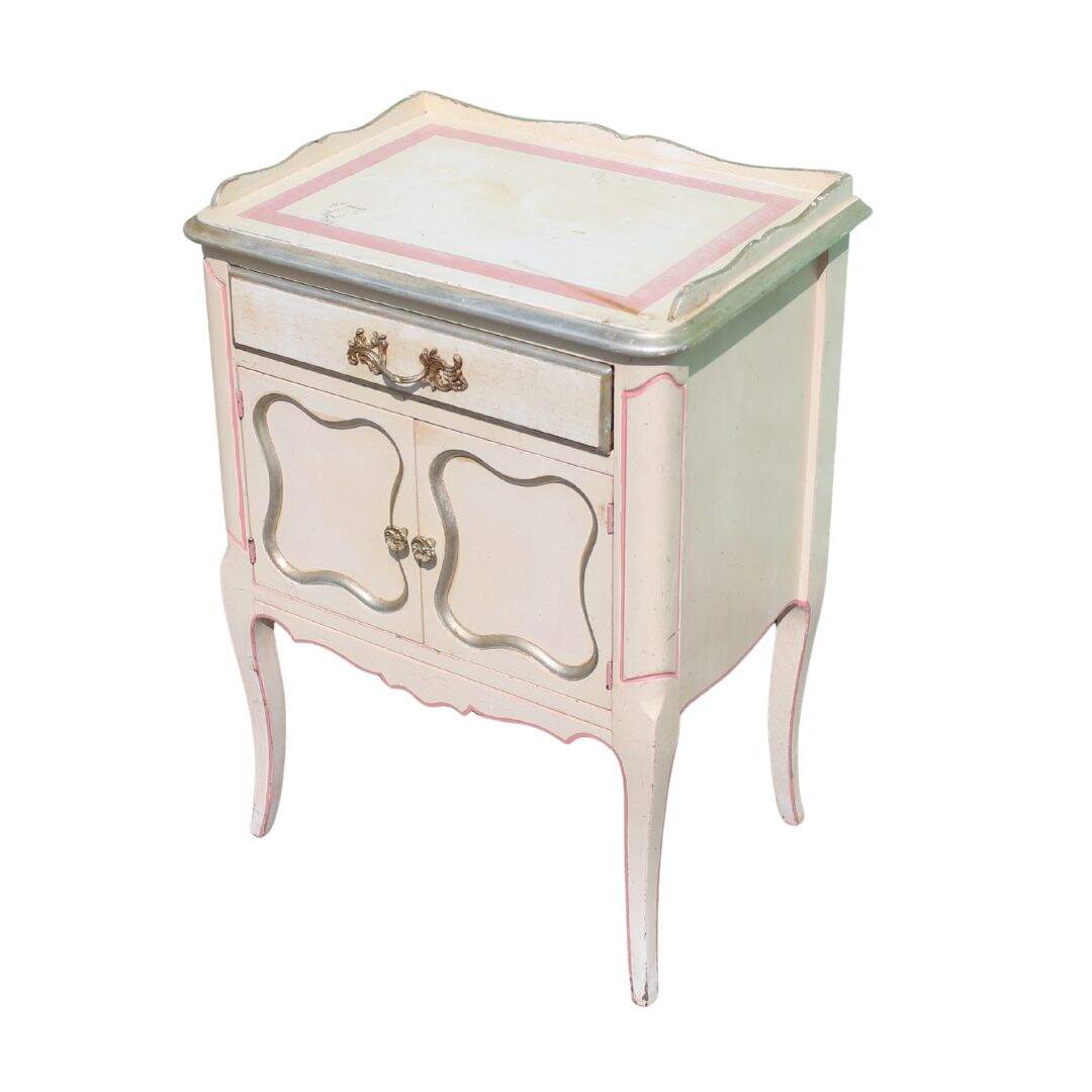 Pair of French provincial night tables, cream and pink