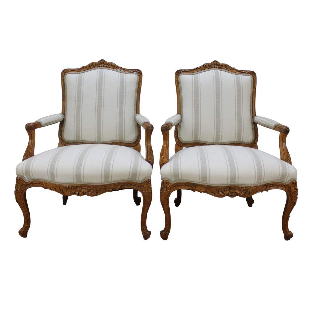 Pair of bergere chairs with ivory and beige stripe