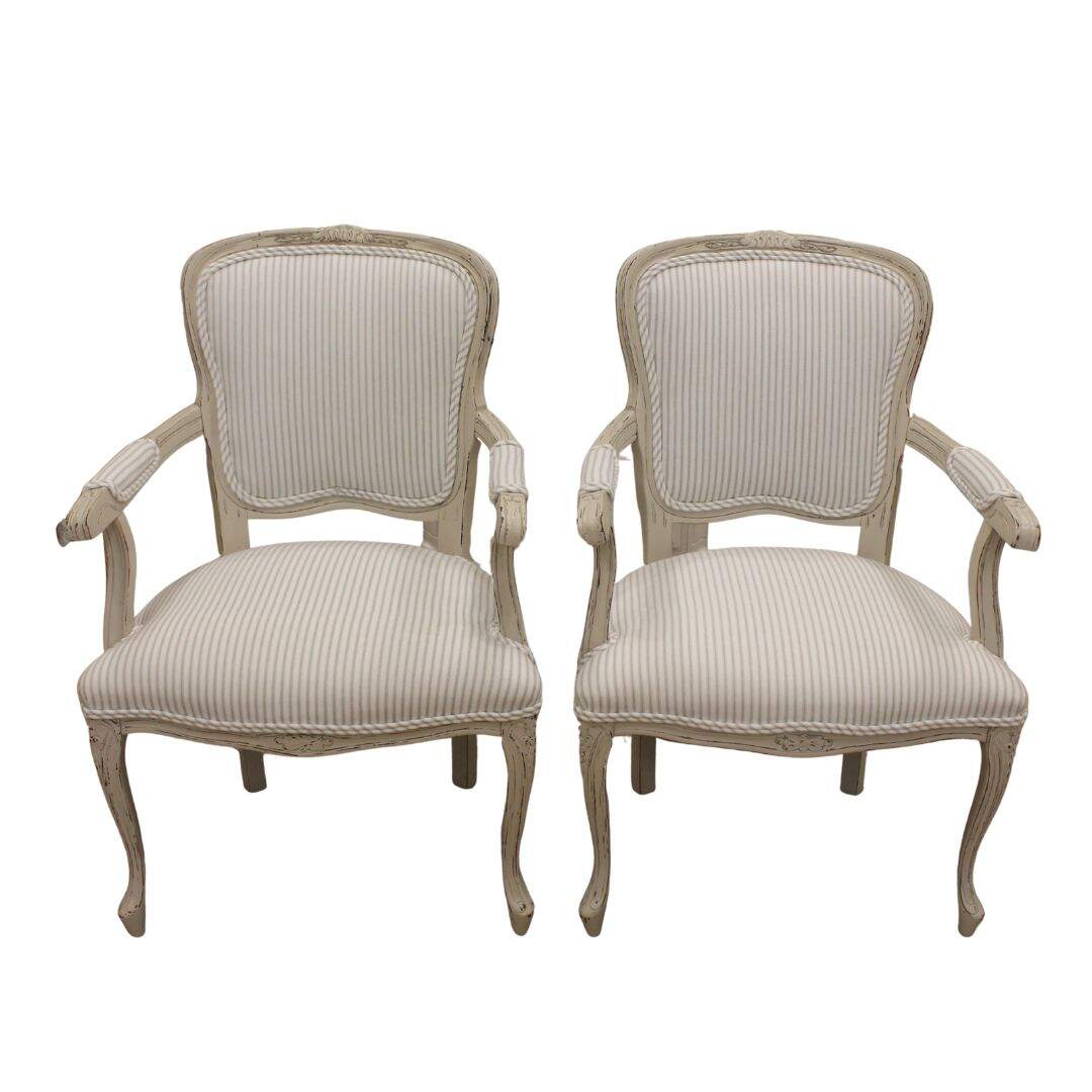 Pair of bergere chairs with ticking stripe