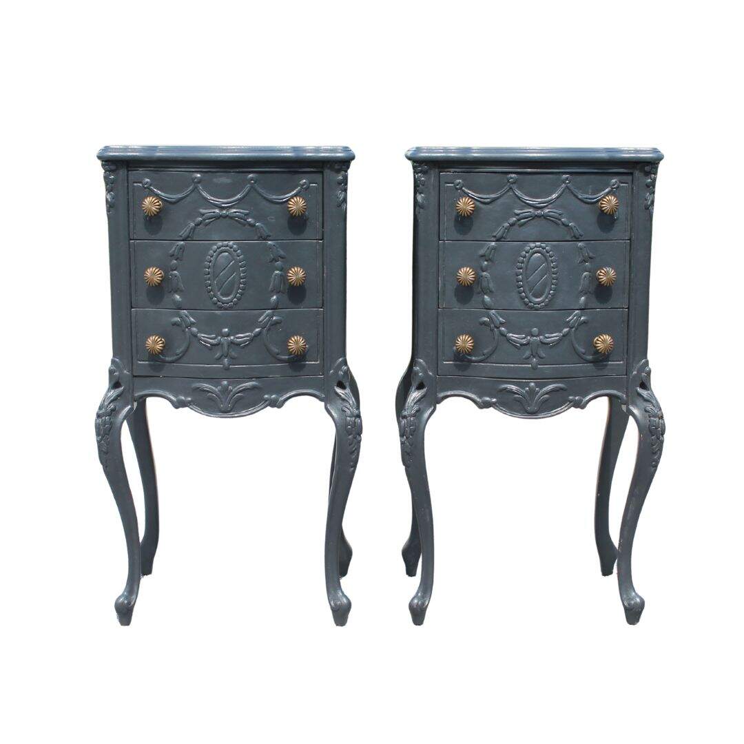 Pair of black 3 drawer night tables with carved drawers