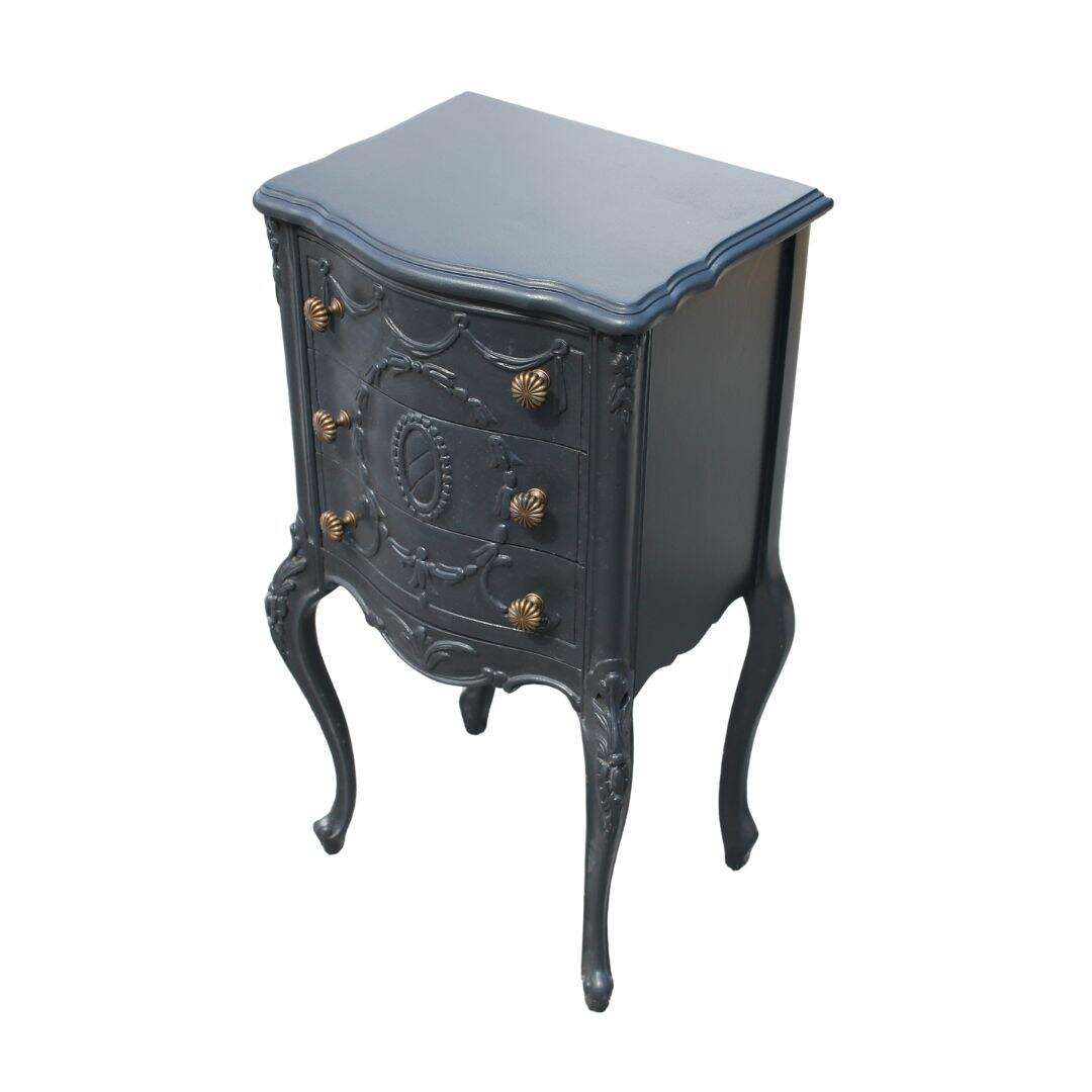 Pair of black 3 drawer night tables with carved drawers