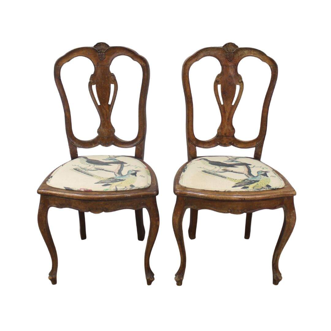 Pair of delicate chairs with bird print