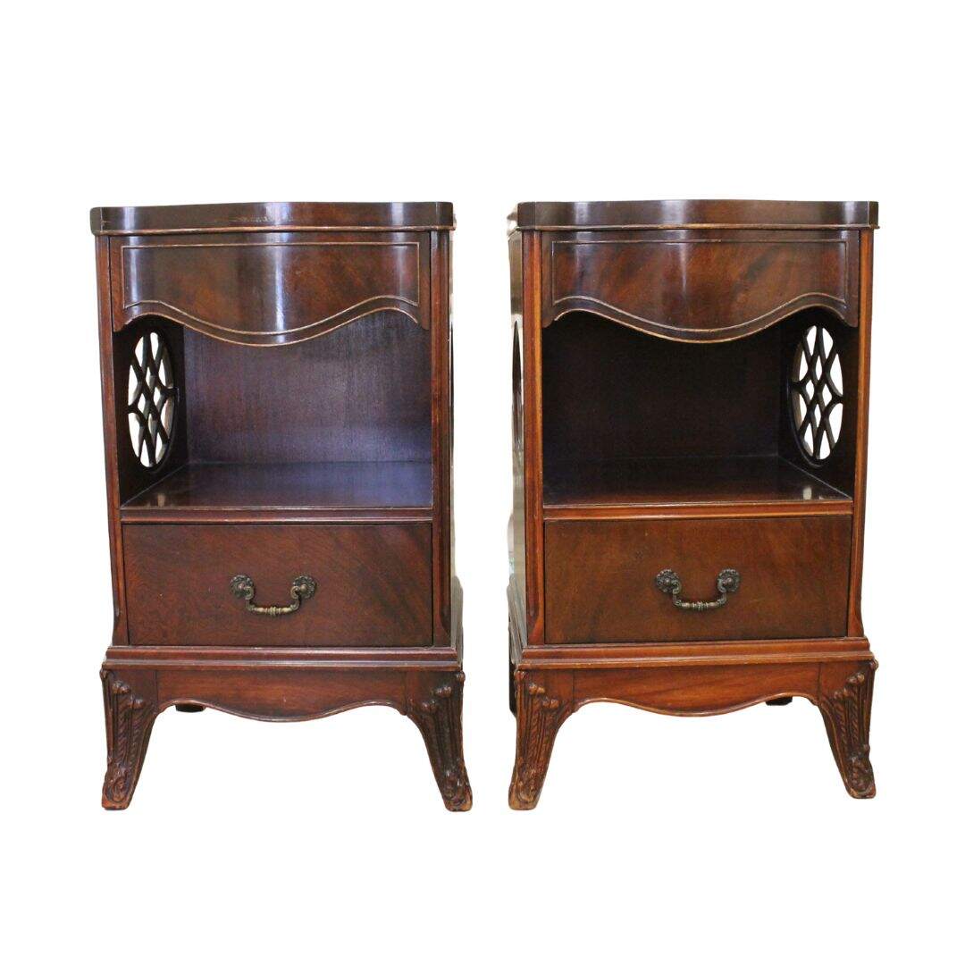 Pair of elegant night tables with mahogany veneer, unpainted