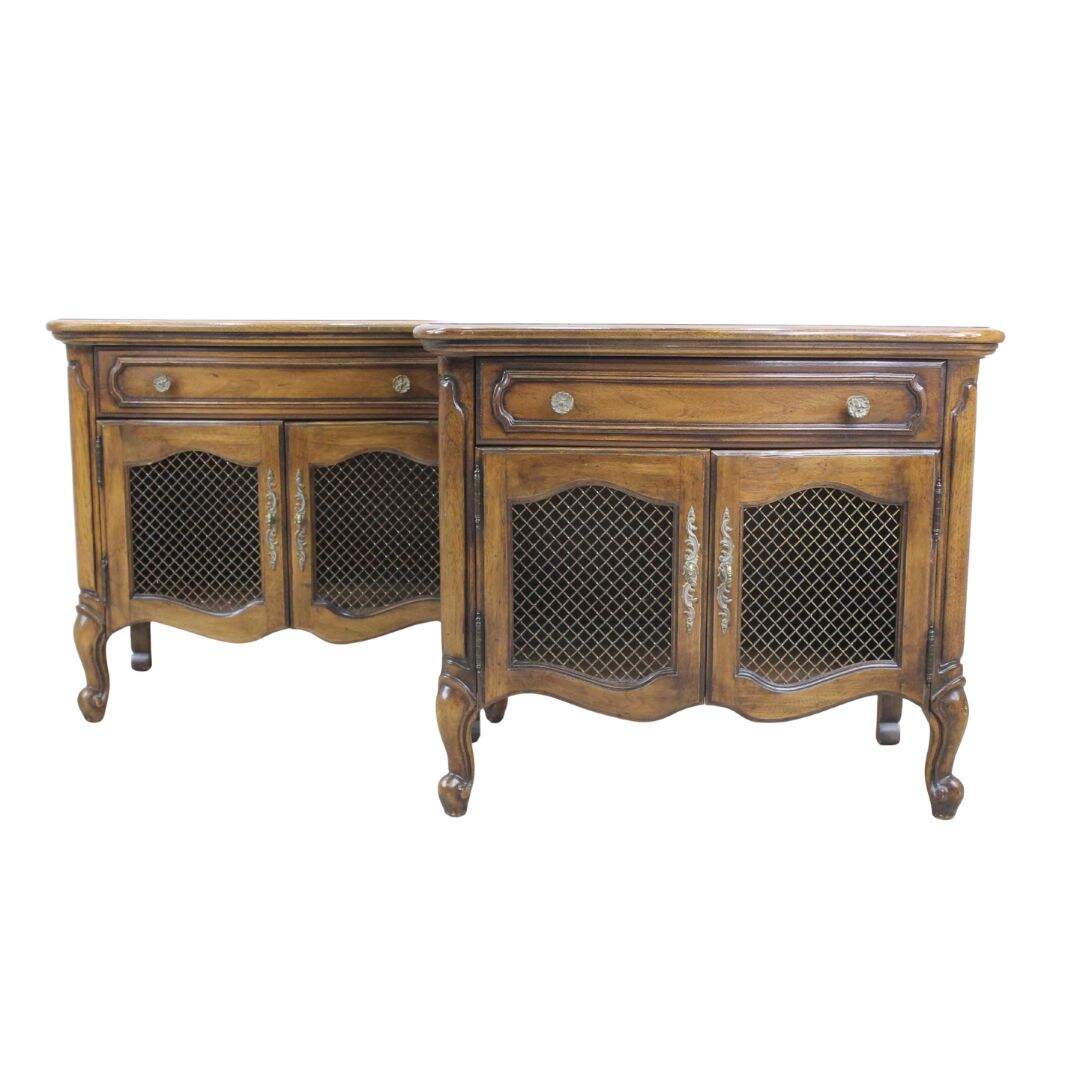 Pair of French provincial night tables with mesh doors, unpainted