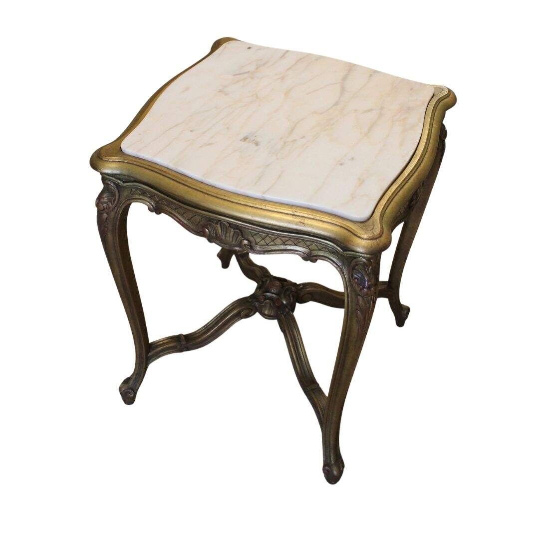 Pair of French gold side tables with marble tops