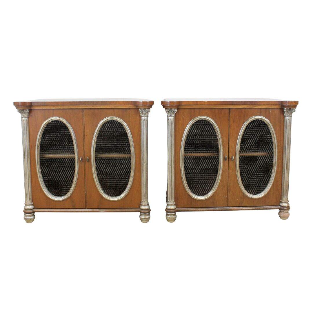 Pair of night tables with mesh doors, unpainted