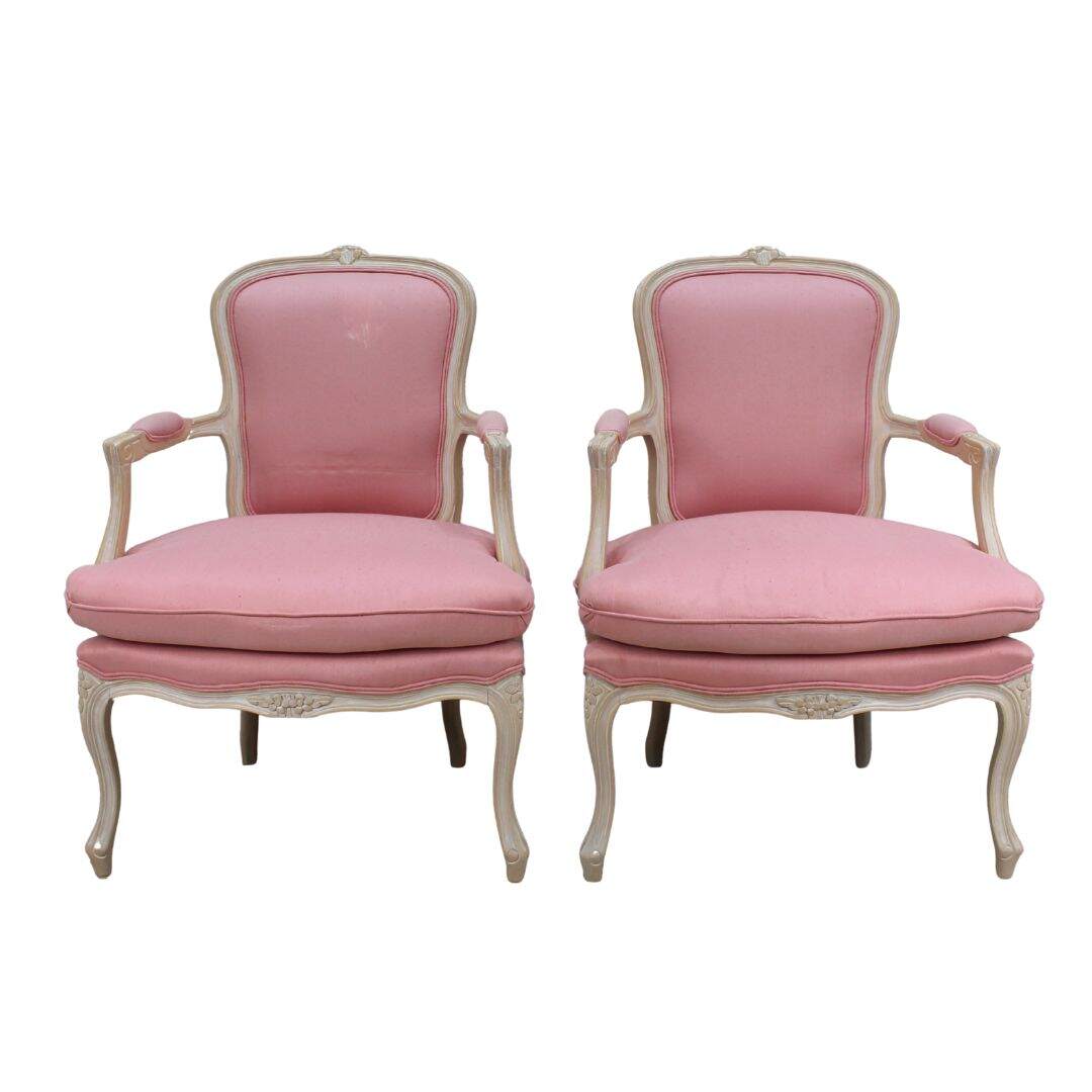 Pair of pink bergere chairs, unfinished