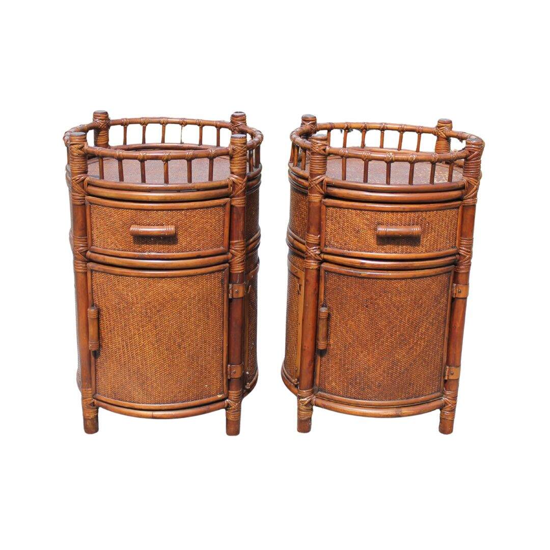 Pair of round bamboo and rattan side tables