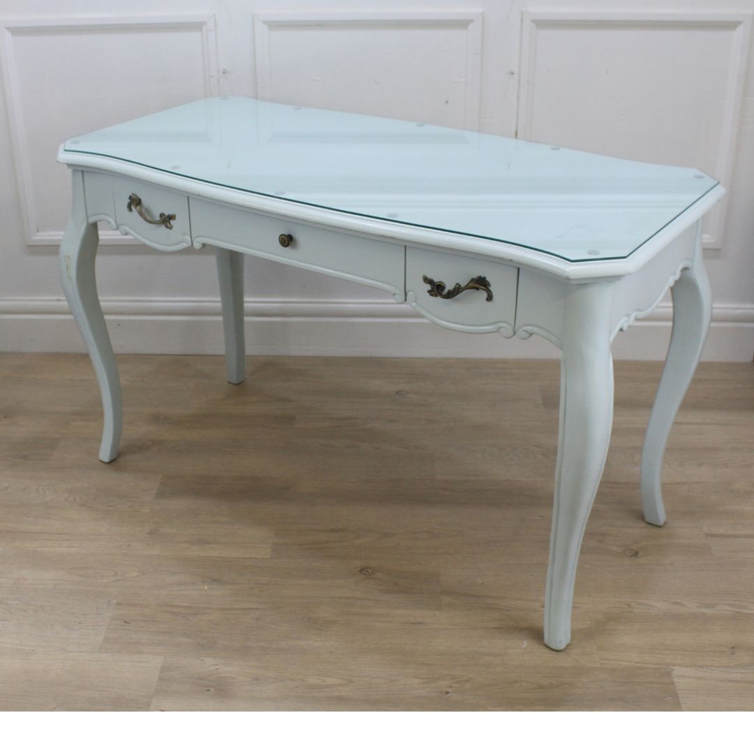Pale blue French style desk with glass top