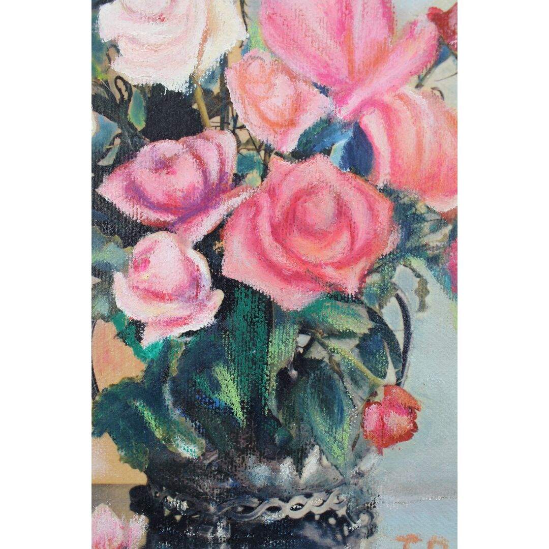 vintage pink and yellow roses oil painting