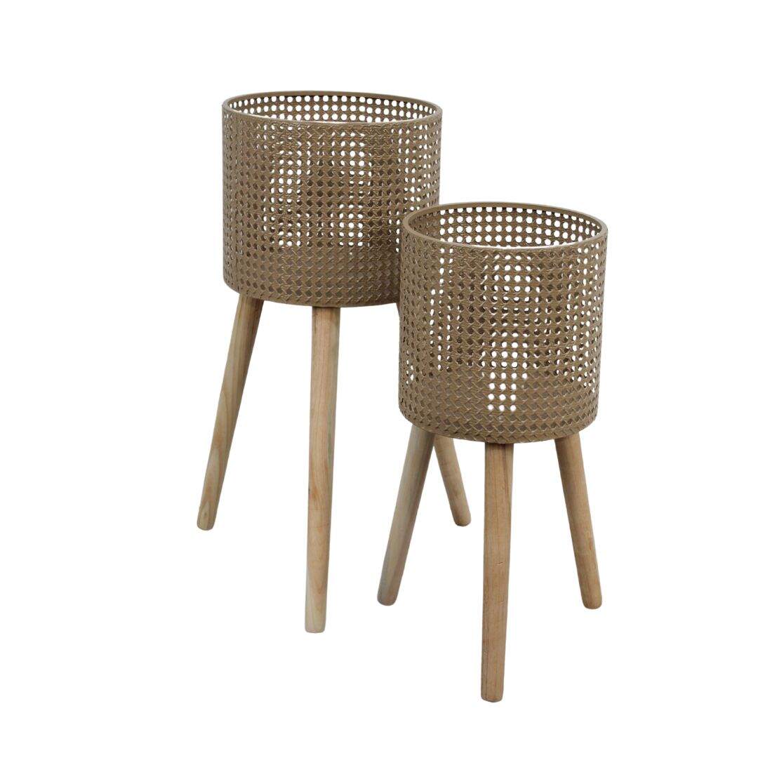 set of 2 caned look planters on tri legs