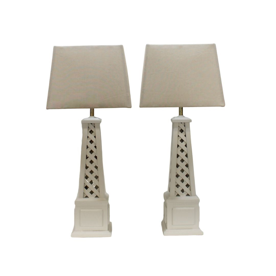 Pair wooden lattice table lamps