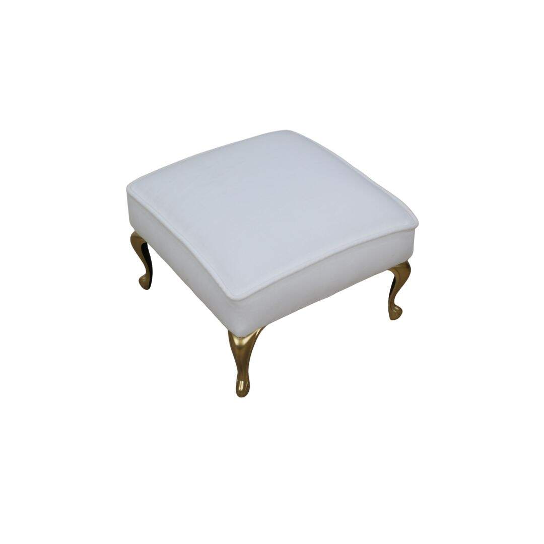 small square footstool with white velvet and gold legs