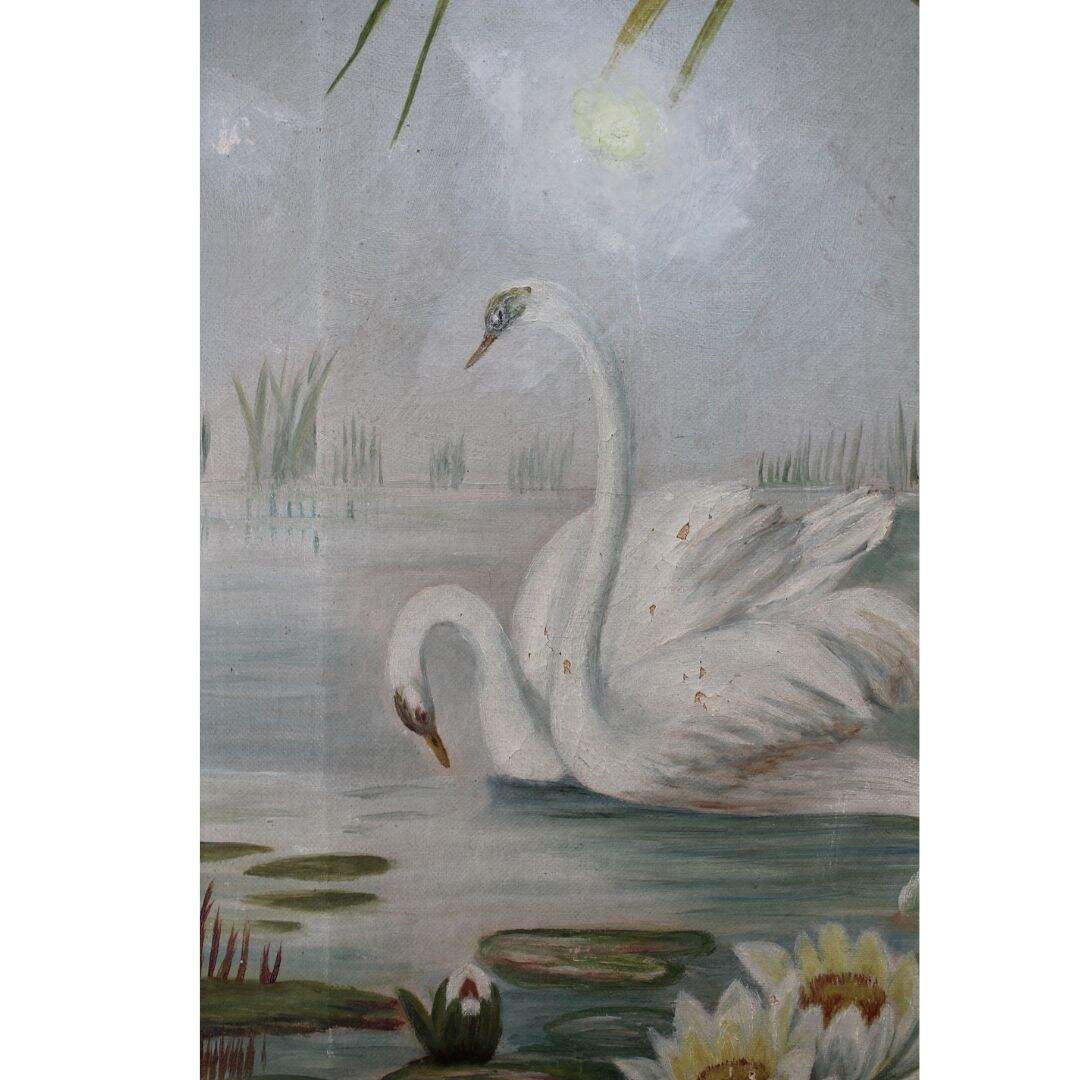 Antique oil painting of swans