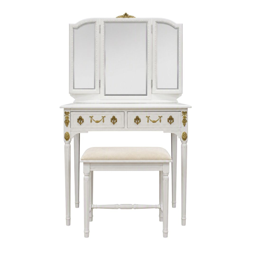 vanity with 3 part mirror and stool