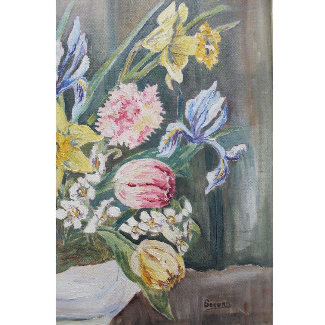 vintage oil painting of daffodils and tulips