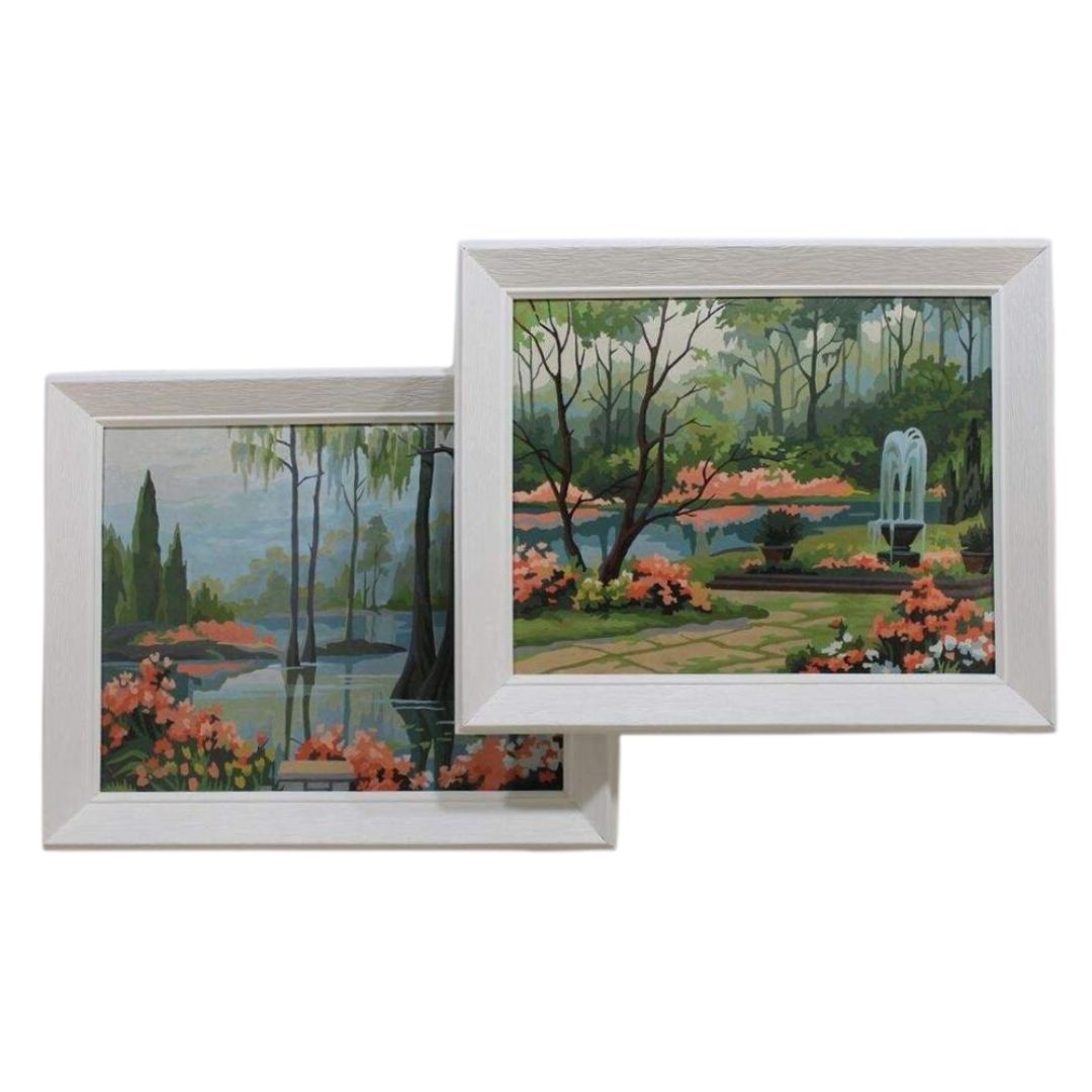 Pair of garden scene paint by numbers paintings