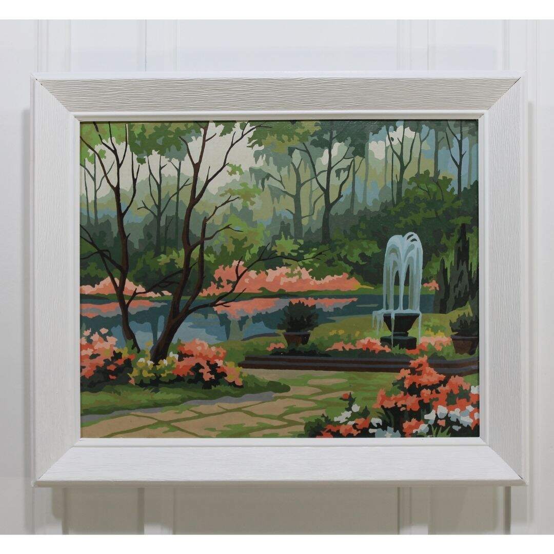 Pair of garden scene paint by numbers paintings